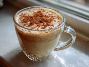 Close-up of a glass mug filled with creamy coquito, topped with frothy foam and a dusting of cinnamon.