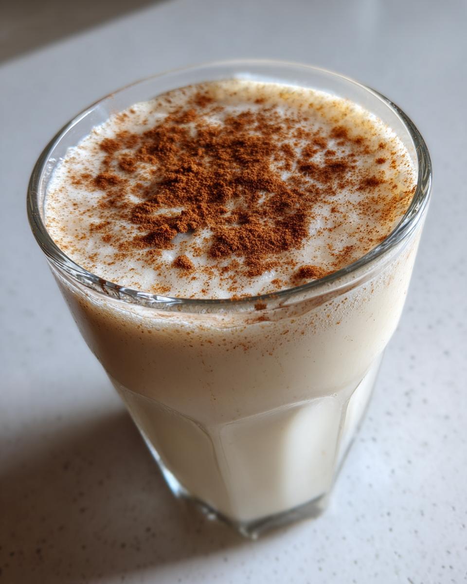 Close-up of a glass filled with creamy coquito recipe, topped generously with ground cinnamon.