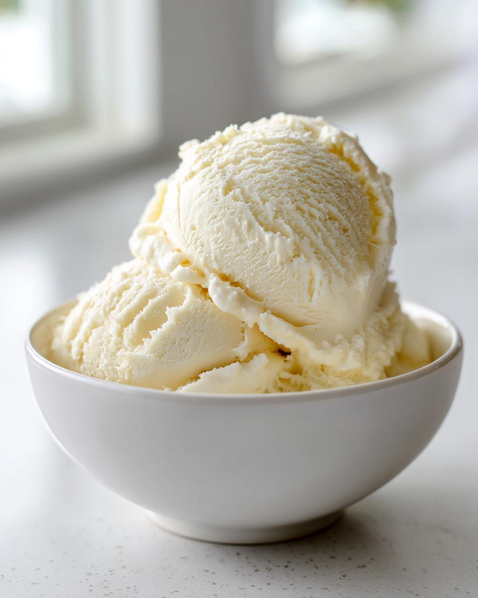 Two scoops of creamy, pale yellow cottage cheese ice cream served in a white bowl.