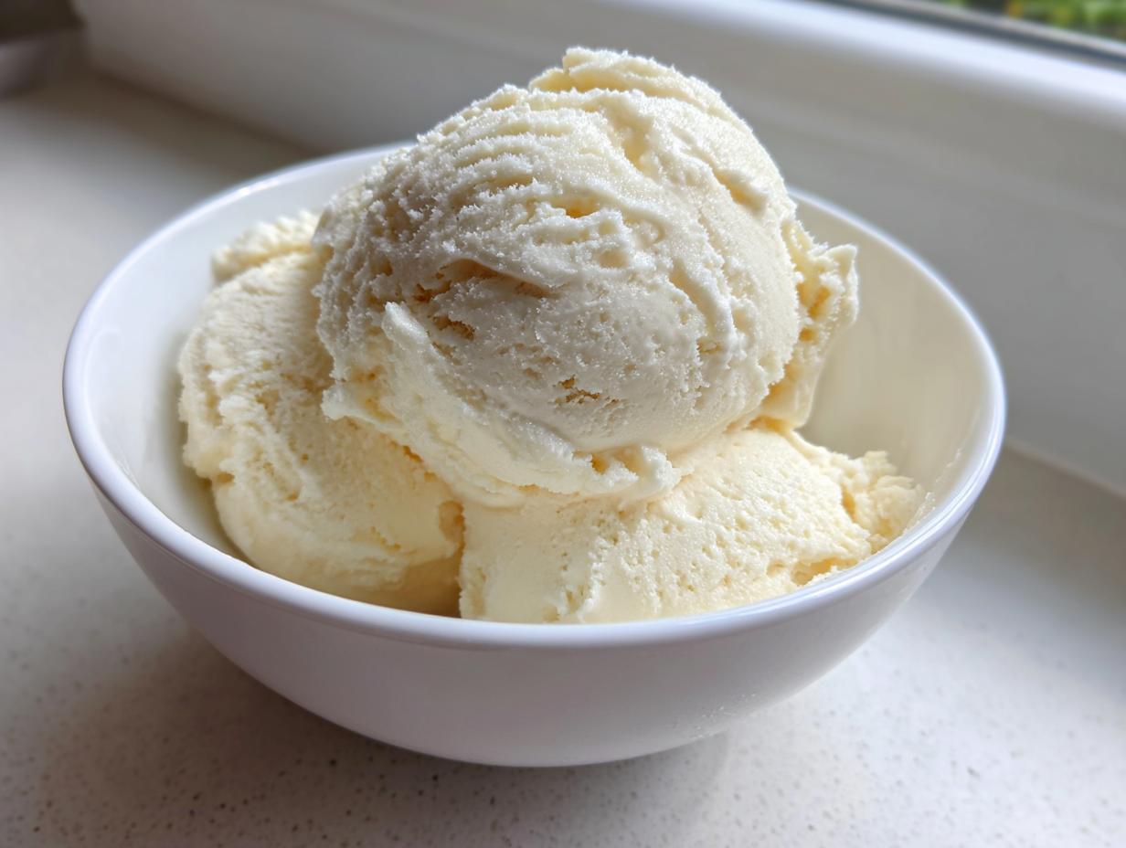 Three scoops of creamy, pale yellow cottage cheese ice cream served in a small white bowl.