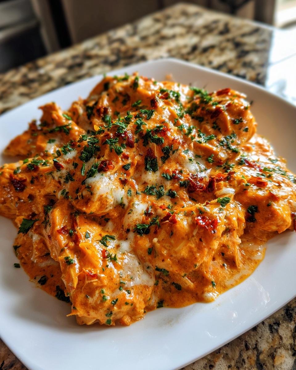 Close-up of tender chicken breasts smothered in creamy, orange sauce, melted mozzarella, and fresh parsley, ready to serve as crockpot marry me chicken.