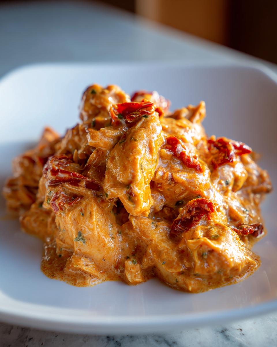 Close-up of tender chicken pieces coated in a creamy, orange sauce with sun-dried tomatoes, representing crockpot marry me chicken.