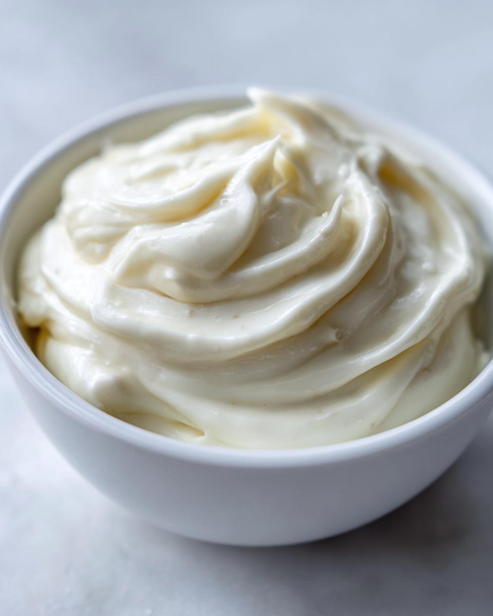 Close-up of perfectly smooth, creamy homemade garlic aioli swirled in a small white bowl.