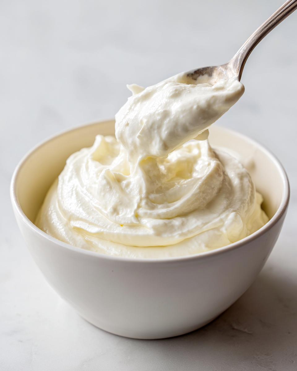 A spoonful of thick, creamy homemade garlic aioli being lifted from a white bowl.