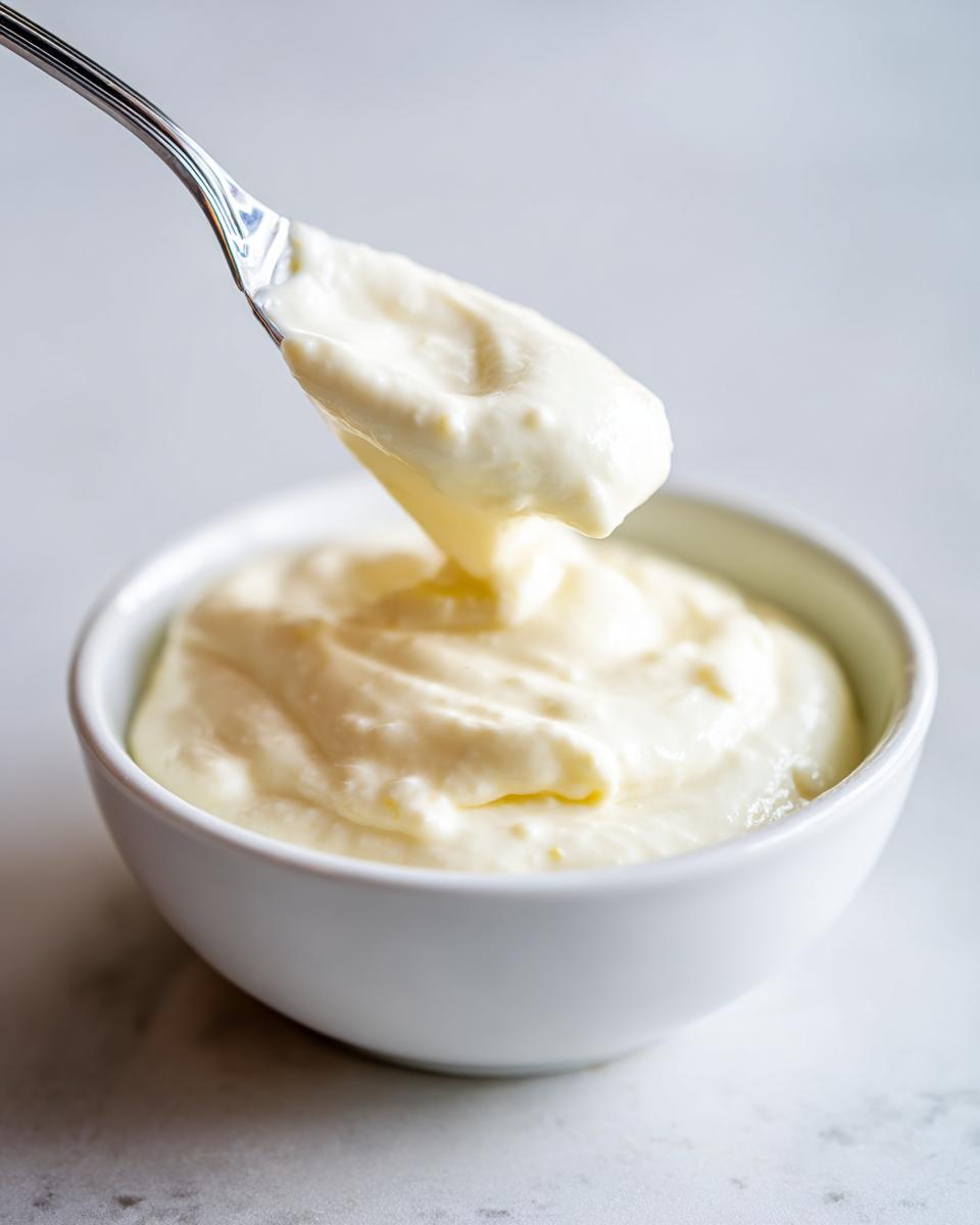 Close-up of a spoonful of thick, creamy homemade garlic aioli being lifted from a white bowl.