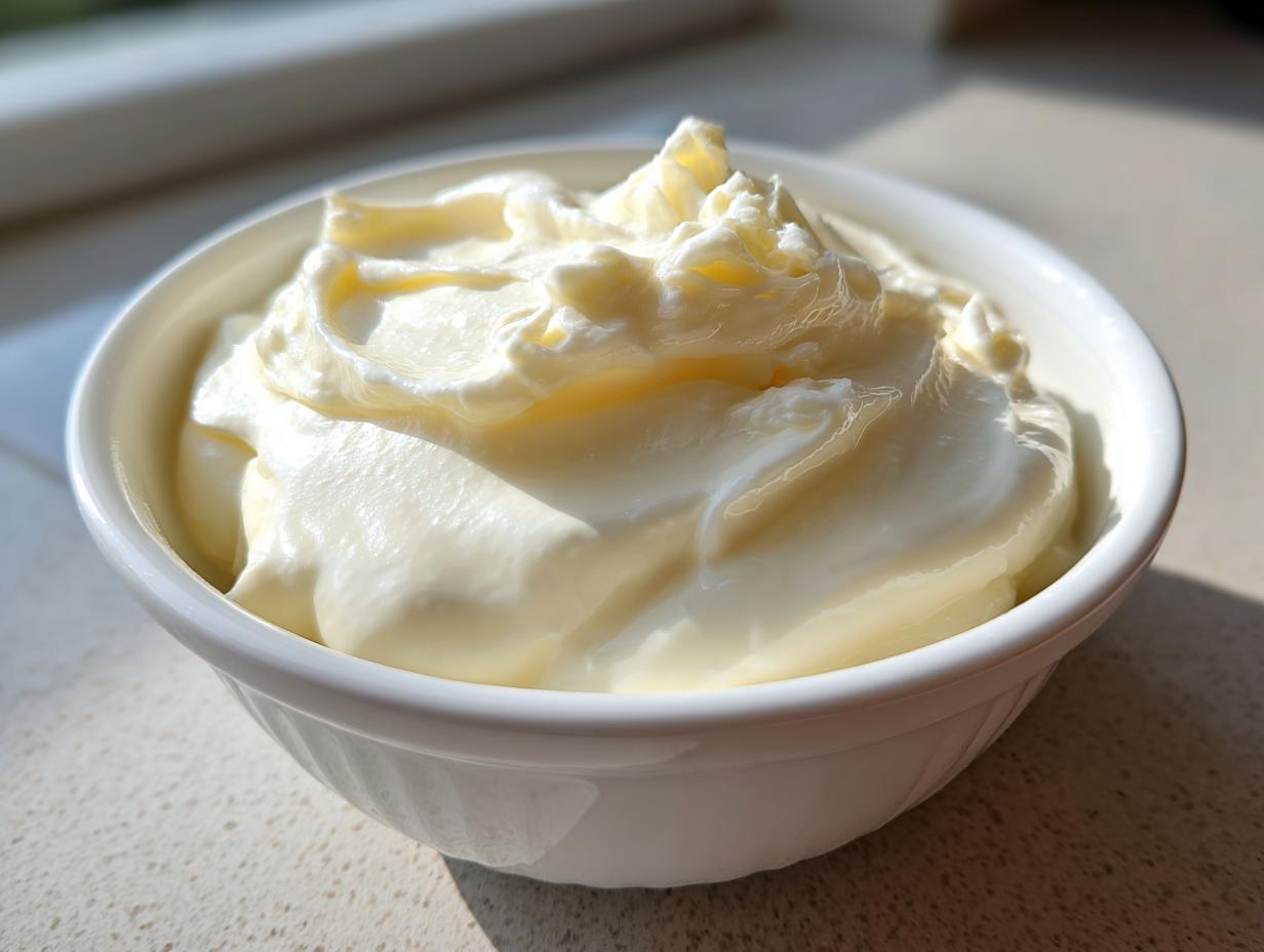 Close-up of thick, creamy homemade garlic aioli served in a small white bowl.
