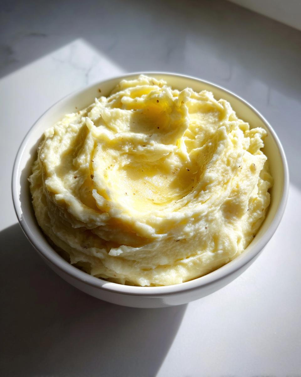 A close-up of a white bowl filled with fluffy, creamy garlic mashed potatoes topped with melted butter.