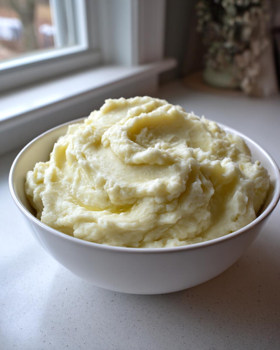 A large white bowl filled with creamy, fluffy garlic mashed potatoes topped with melted butter.