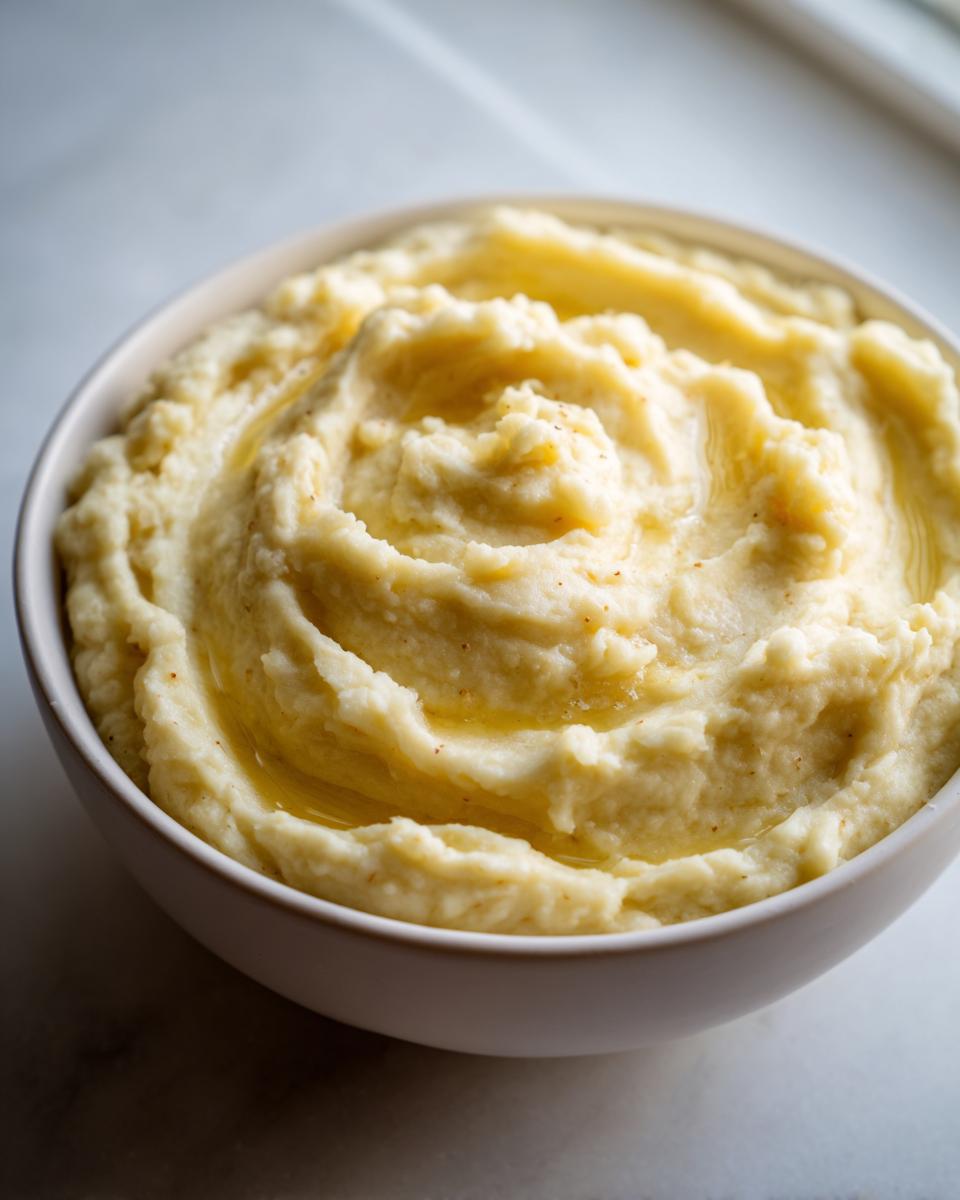 A close-up of creamy, fluffy garlic mashed potatoes swirled in a white bowl, topped with melted butter.