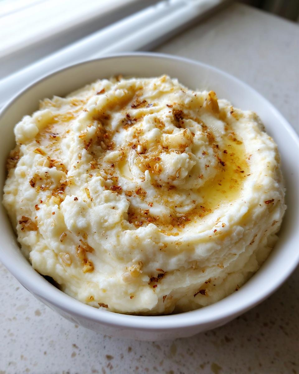 A white bowl filled with creamy garlic mashed potatoes topped with melted butter and browned garlic bits.