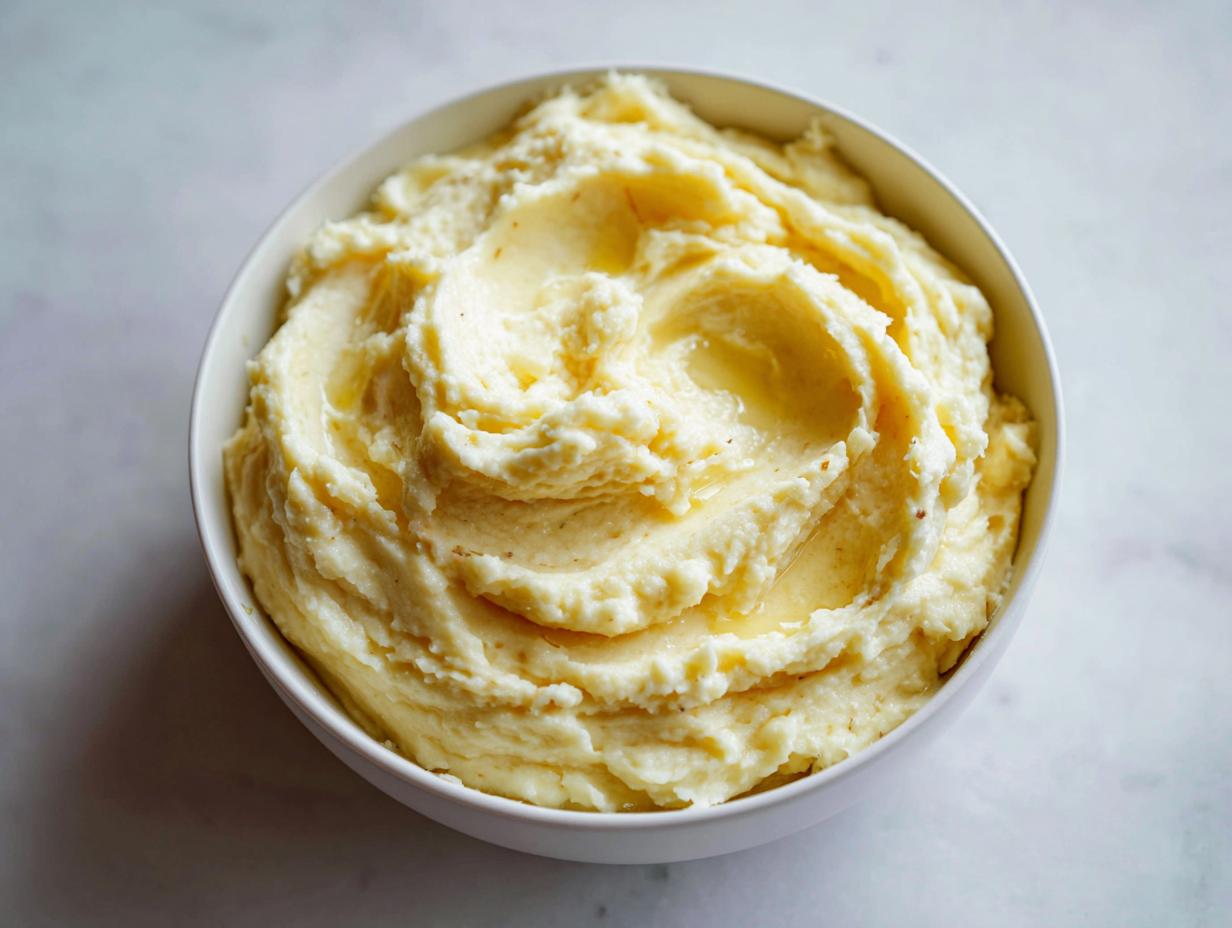 A close-up of creamy, fluffy garlic mashed potatoes swirled in a white bowl with melted butter pooling on top.