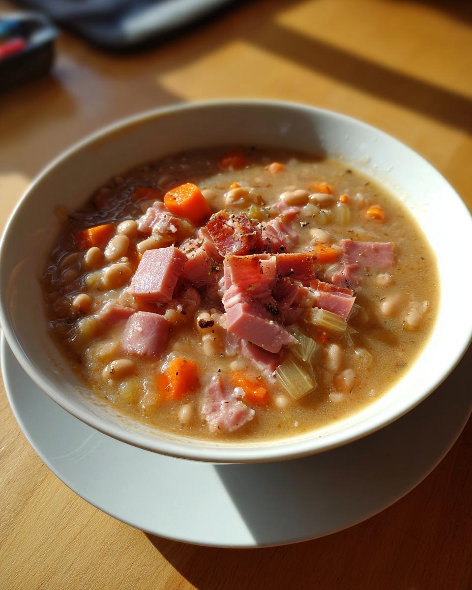 A close-up of a bowl of thick, creamy bean soup topped with diced ham, carrots, and celery.