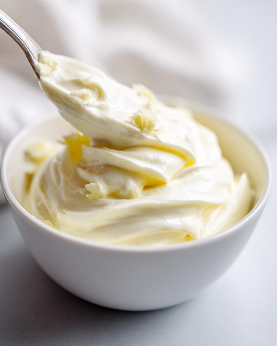 A spoonful of thick, creamy homemade garlic aioli being lifted from a white bowl.