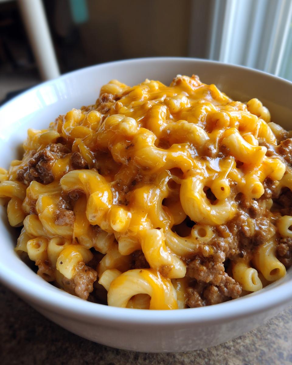 A close-up of a white bowl filled with creamy homemade hamburger helper, featuring elbow macaroni, ground beef, and melted cheddar cheese.