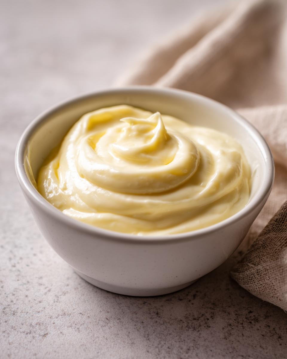 A white bowl filled with thick, creamy homemade mayonnaise, showing swirls on top.