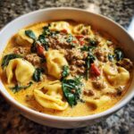 Close-up of a rich, creamy bowl of italian sausage tortellini soup featuring tortellini pasta, ground sausage, and wilted spinach.