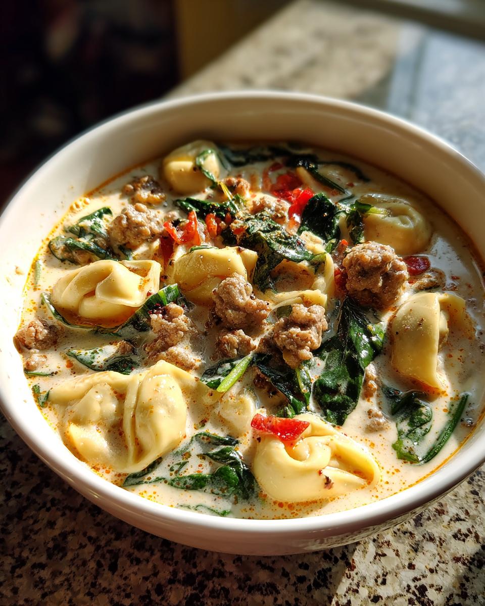 Close-up of a bowl of creamy italian sausage tortellini soup with spinach and red pepper flakes.