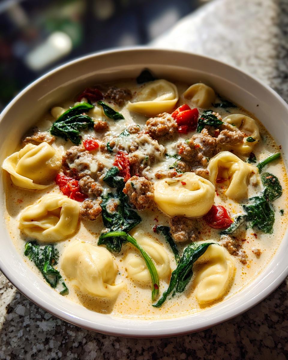 Close-up of a creamy italian sausage tortellini soup featuring tortellini, crumbled sausage, spinach, and tomatoes.
