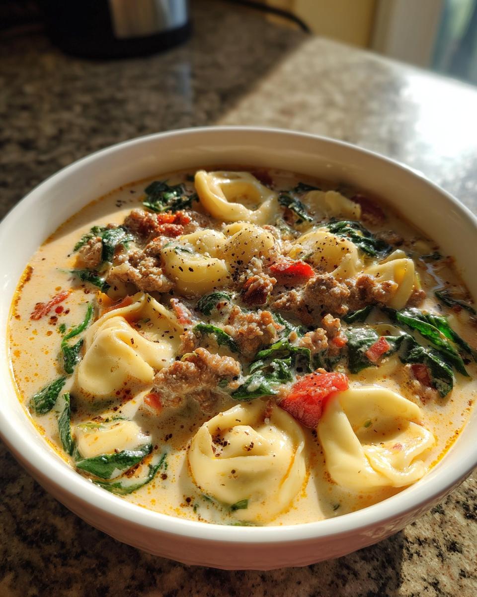 Close-up of a hearty bowl of creamy italian sausage tortellini soup with spinach and tomatoes, seasoned with pepper.