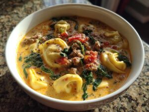 Close-up of a creamy bowl of italian sausage tortellini soup with spinach and tomatoes.