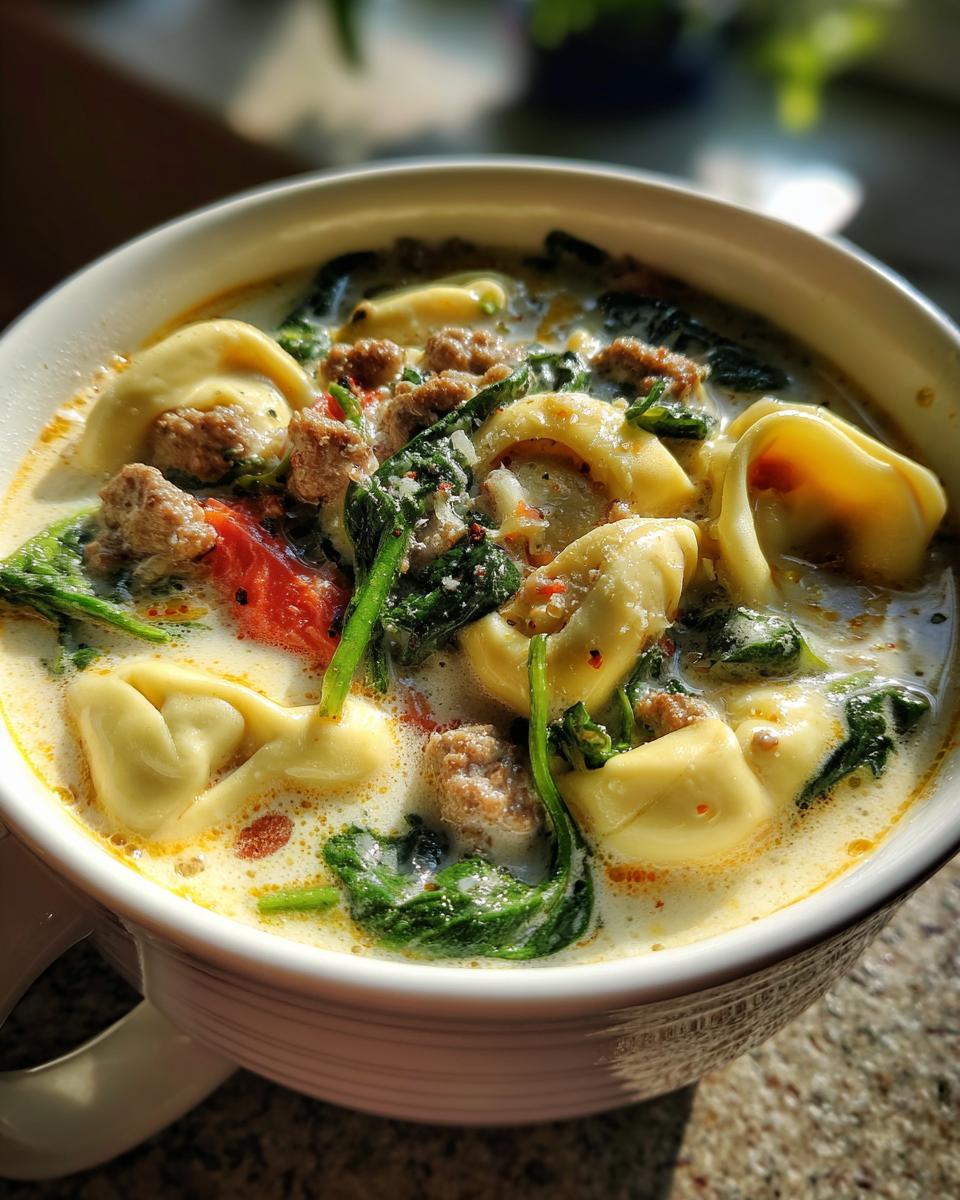 Close-up of a hearty bowl of italian sausage tortellini soup with spinach and creamy broth.