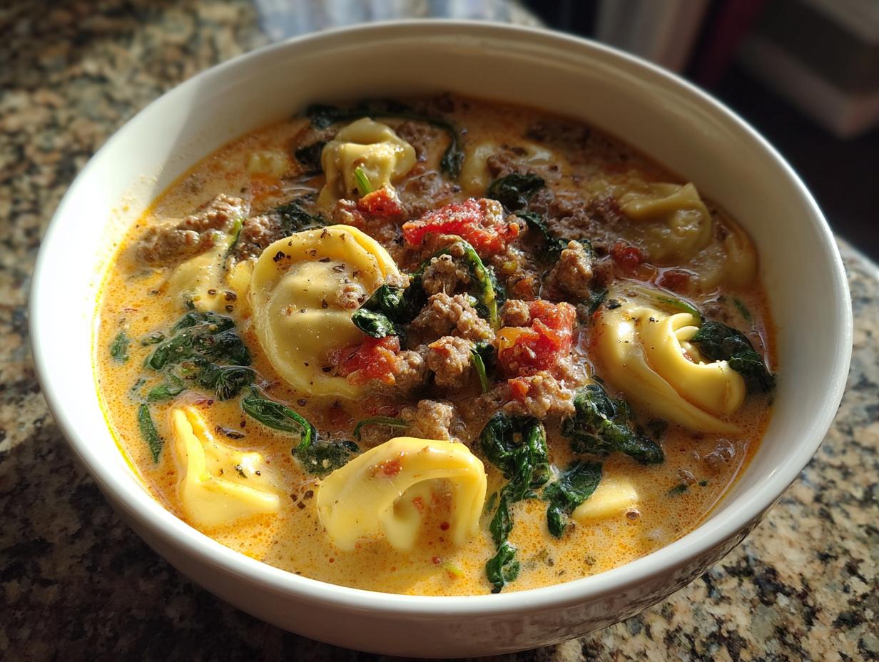 Close-up of a creamy bowl of italian sausage tortellini soup with spinach and tomatoes.