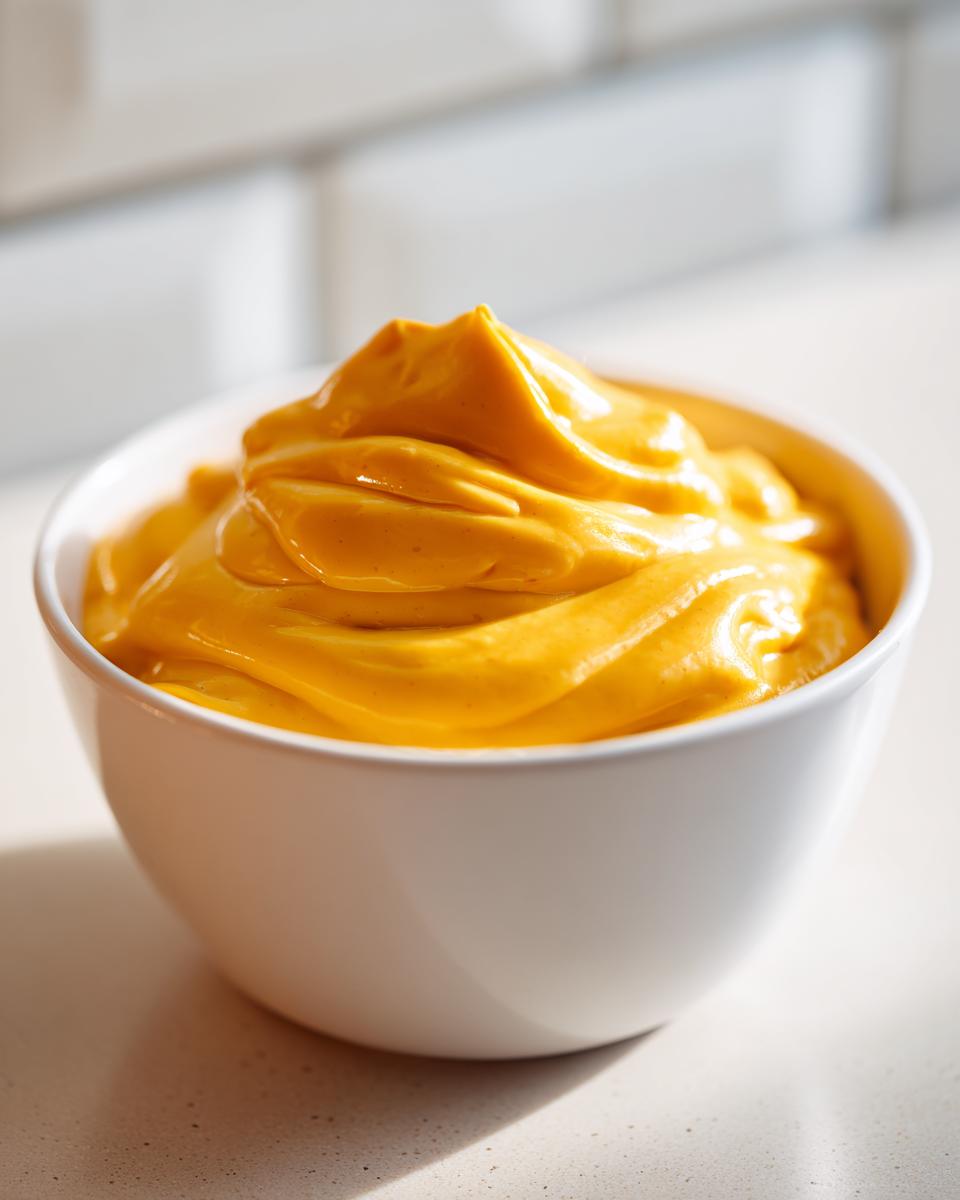 A close-up of thick, vibrant orange nacho cheese sauce swirled high in a small white bowl.