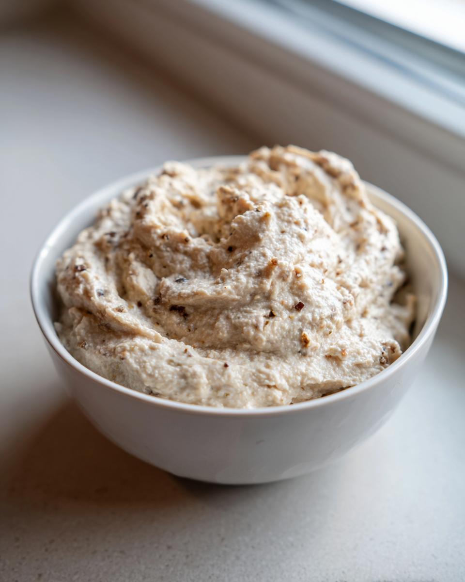 A white bowl filled with creamy, textured olive dip, sitting near a window.