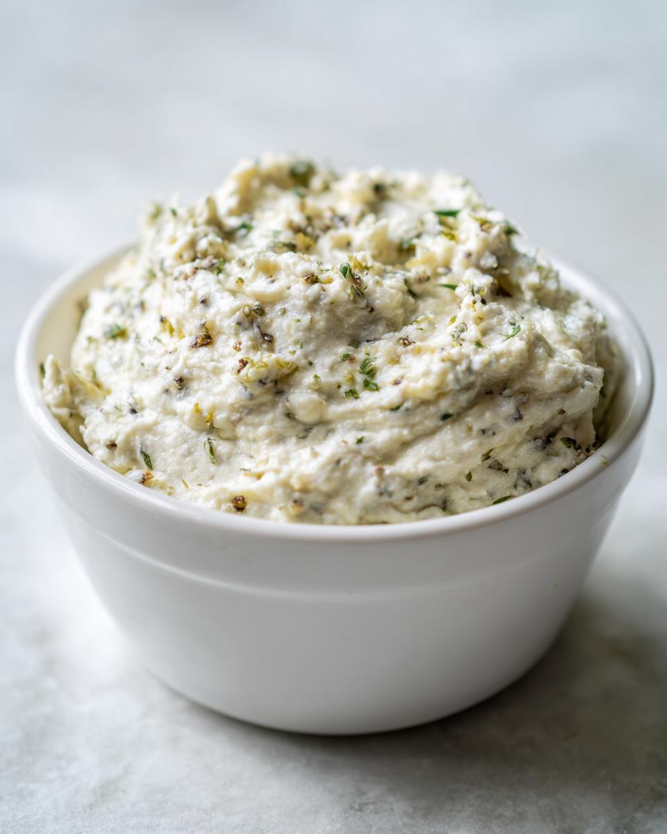 Close-up of creamy white olive dip mixed with herbs served in a small white bowl.