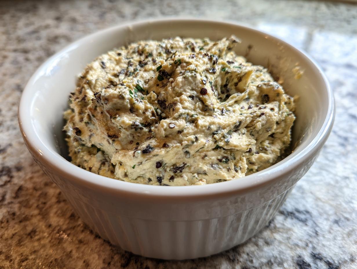 Close-up of a creamy, textured olive dip speckled with dark olive pieces, served in a white ribbed bowl.