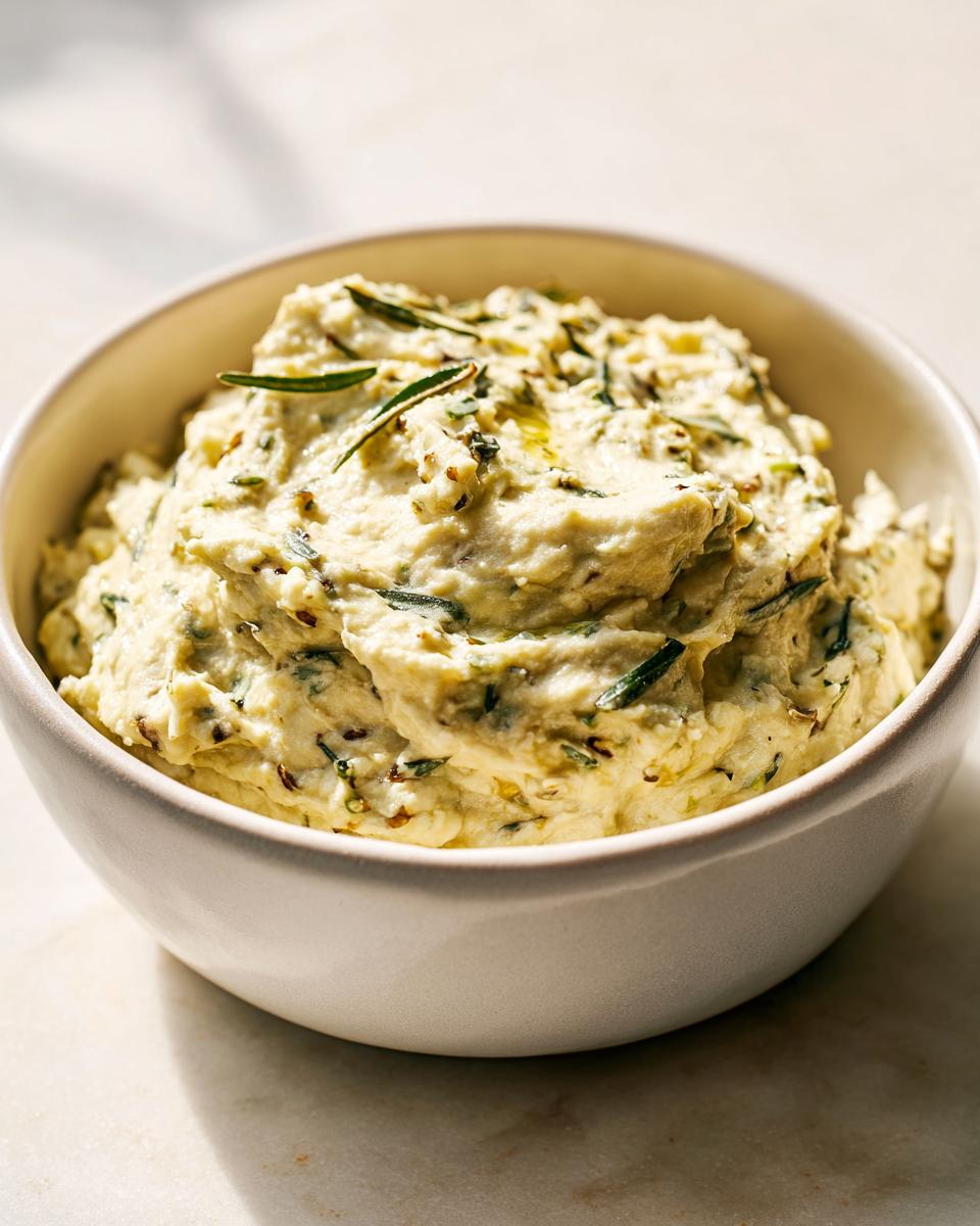 Close-up of creamy, textured olive dip in a light bowl, topped with fresh rosemary sprigs.