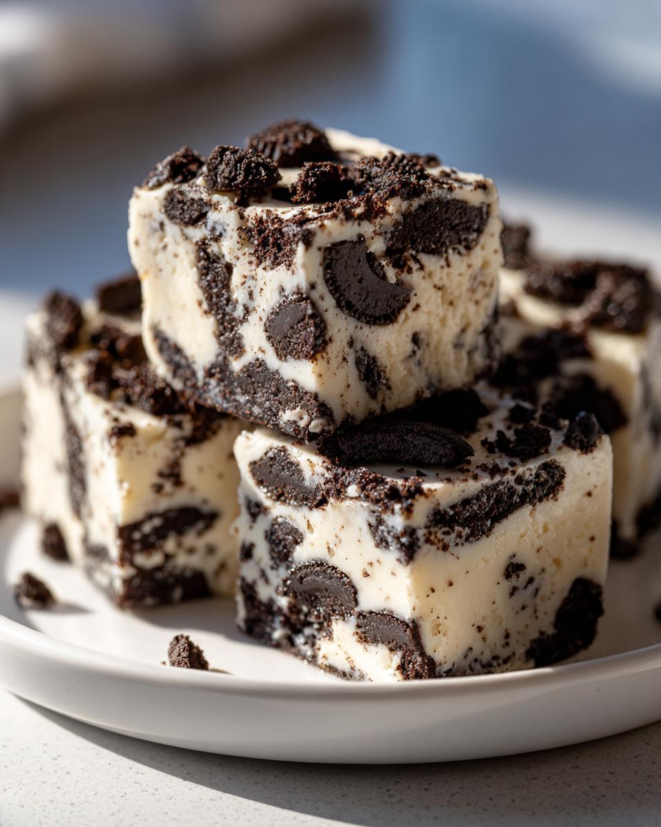 Stack of decadent, creamy white oreo fudge squares loaded with crushed and whole Oreo cookie pieces.