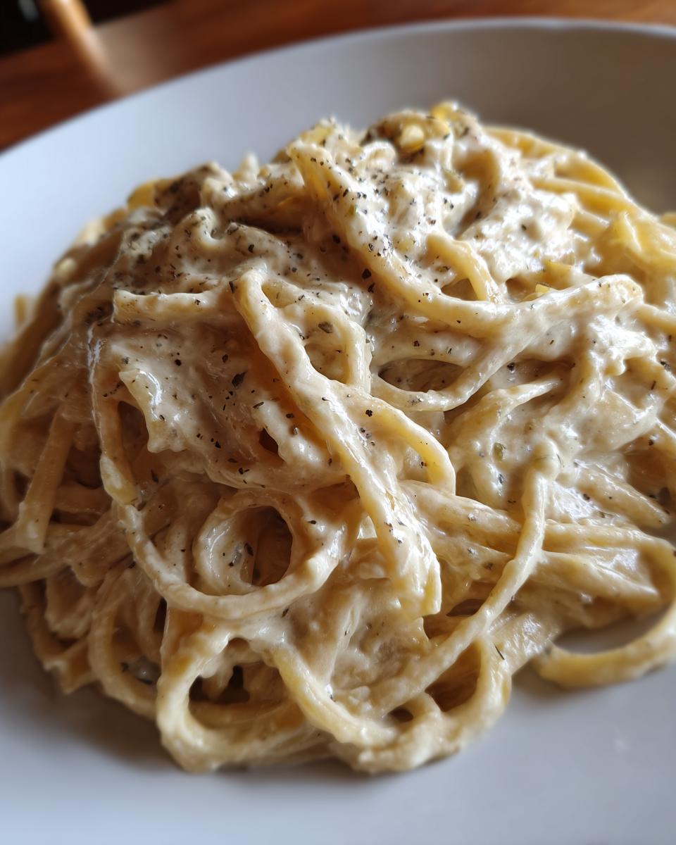 Close-up of spaghetti coated in rich, creamy vegan alfredo sauce and topped with cracked black pepper.