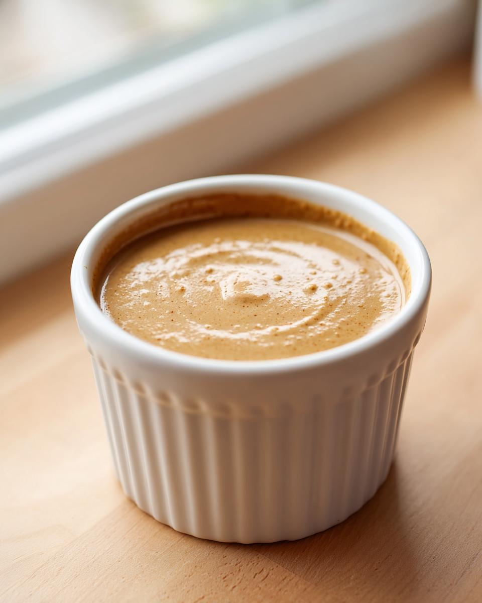 Close-up of creamy peanut sauce with swirl marks, served in a small white fluted ramekin.