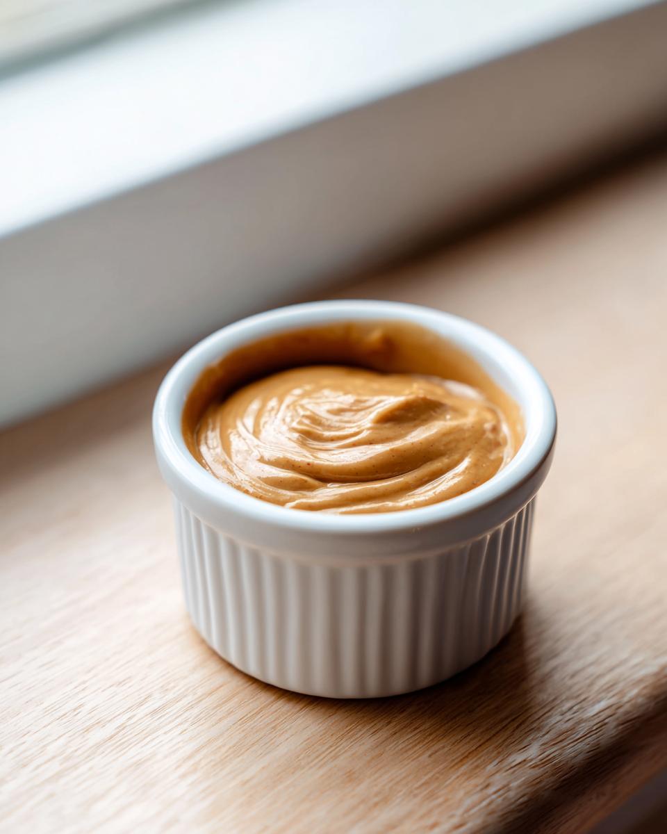 Close-up of creamy peanut sauce swirled in a small white ramekin sitting on a wooden surface.