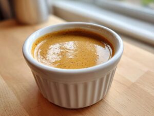 Close-up of creamy peanut sauce in a white ramekin on a wooden surface.