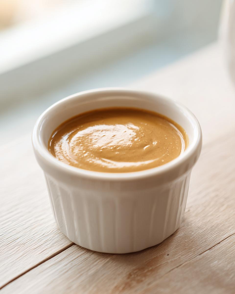 Close-up of creamy peanut sauce in a small white ramekin resting on a light wooden surface.