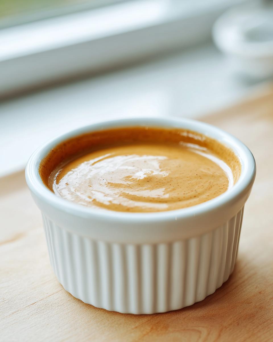 A close-up of creamy peanut sauce served in a small, white, fluted ramekin on a wooden surface.