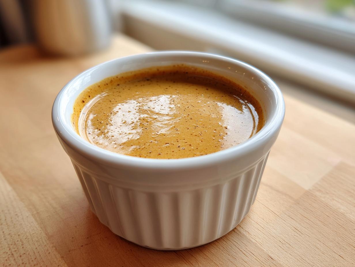 Close-up of creamy peanut sauce in a white ramekin on a wooden surface.