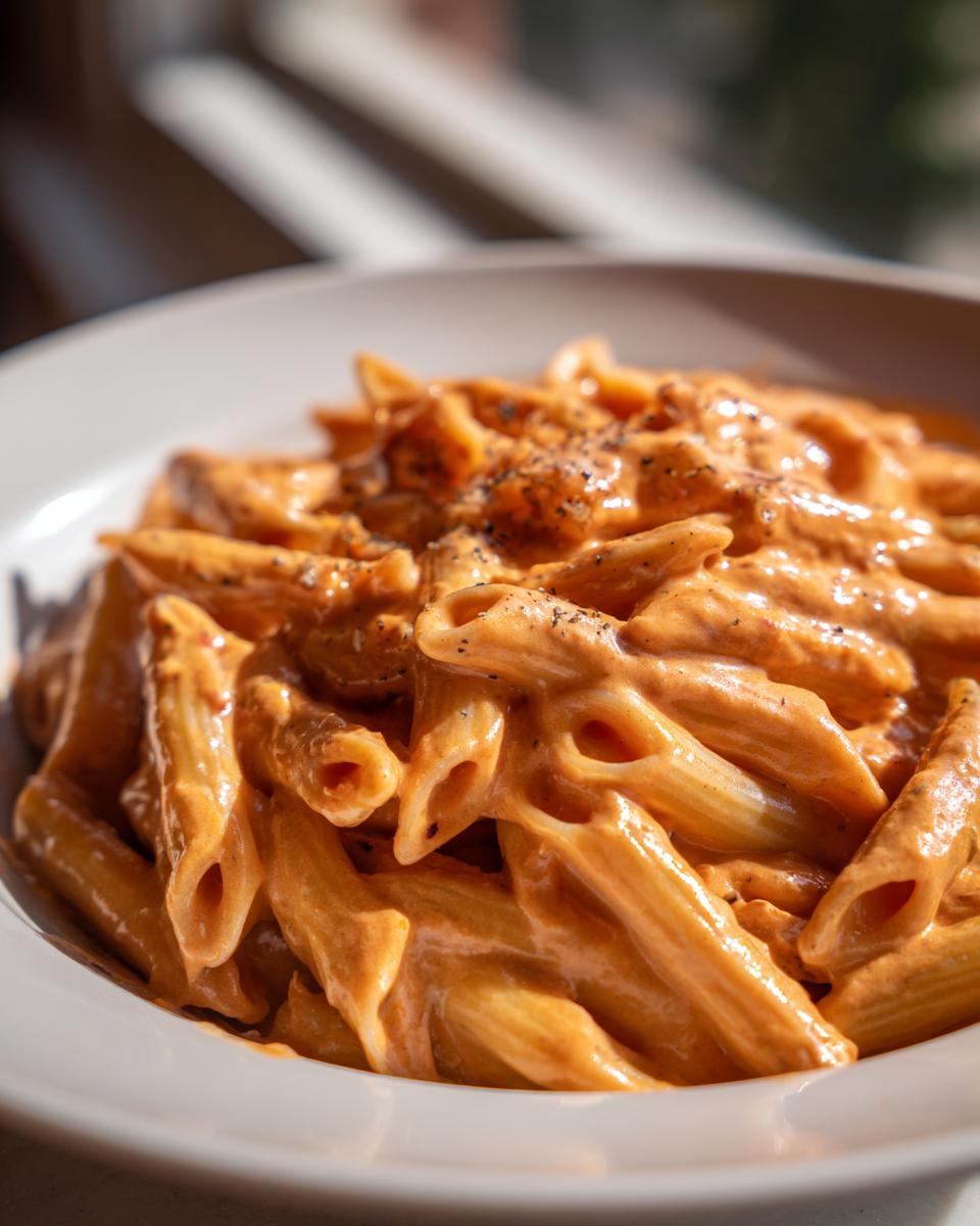 Close-up of penne pasta coated in rich, creamy pink sauce pasta, seasoned with black pepper.