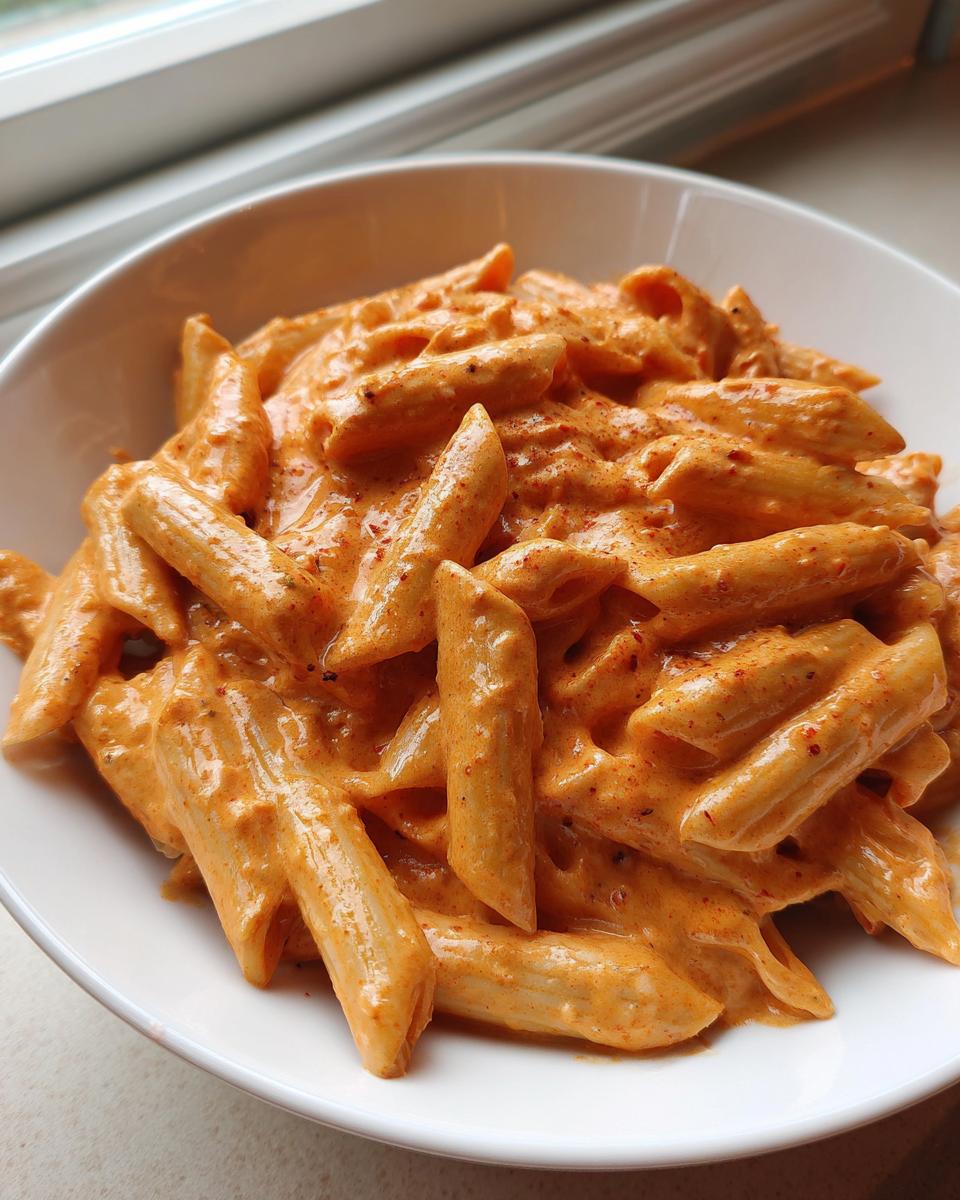 Close-up of penne pasta coated in a rich, creamy pink sauce pasta, served in a white bowl.