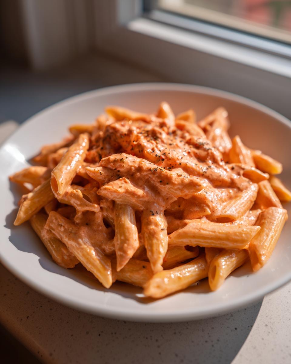 A close-up view of penne pasta generously coated in creamy pink sauce pasta, seasoned with pepper.