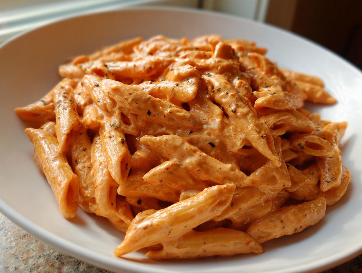 Close-up of penne pasta coated generously in a creamy, orange-hued pink sauce pasta, sprinkled with herbs.
