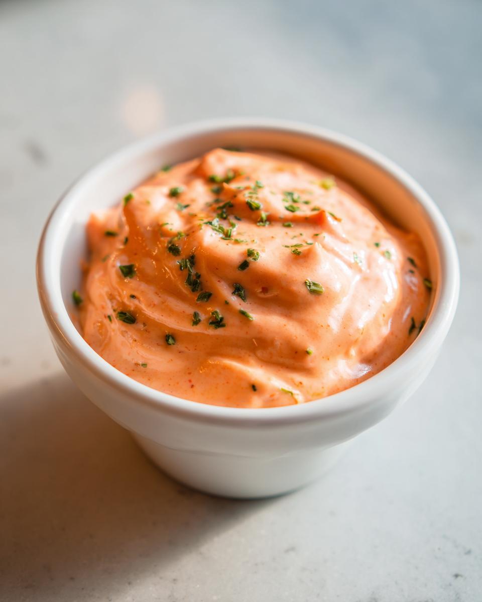 Close-up of a small white bowl filled with thick, orange-hued remoulade sauce, garnished with chopped green herbs.