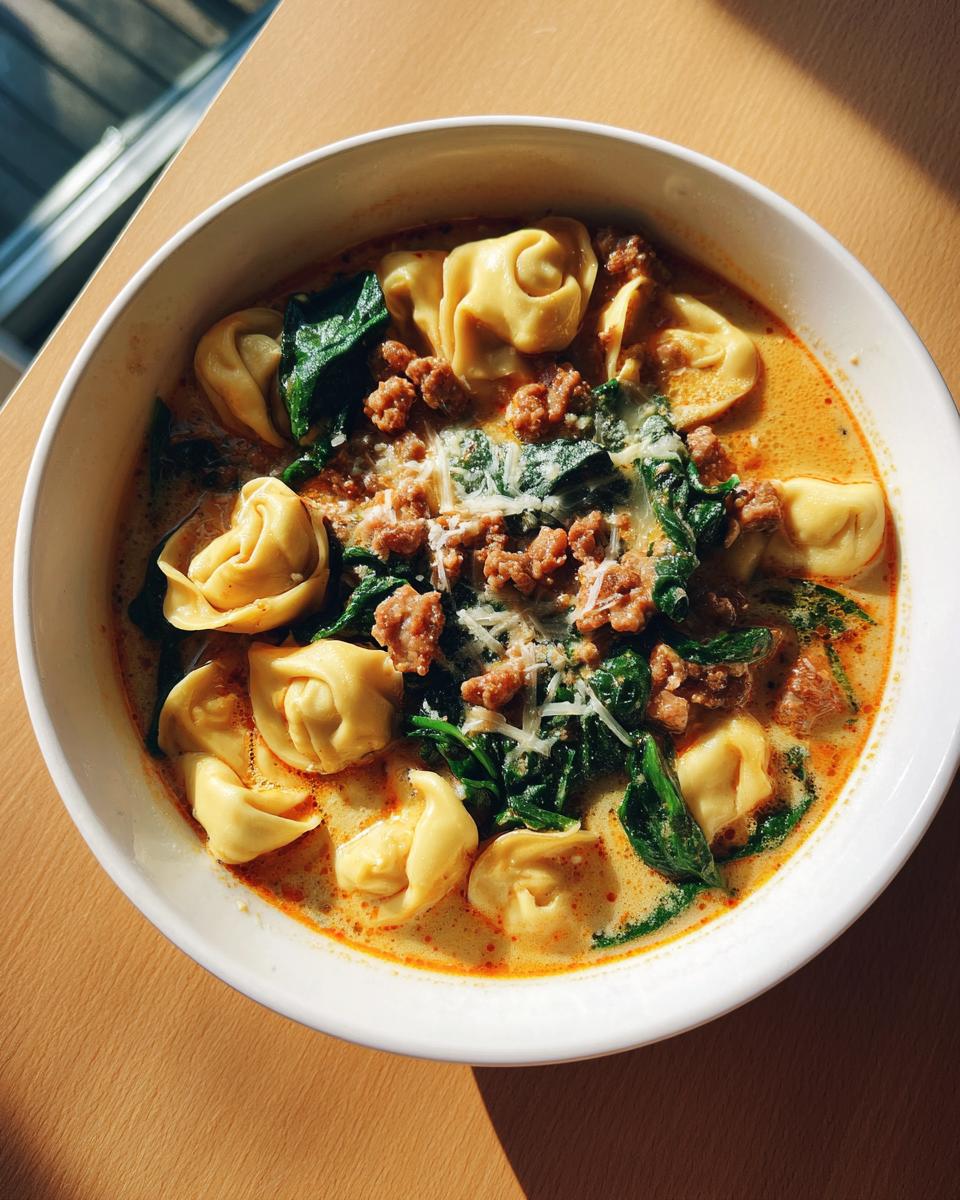 Overhead view of a white bowl filled with creamy tortellini soup, featuring cheese tortellini, sausage crumbles, spinach, and grated Parmesan.