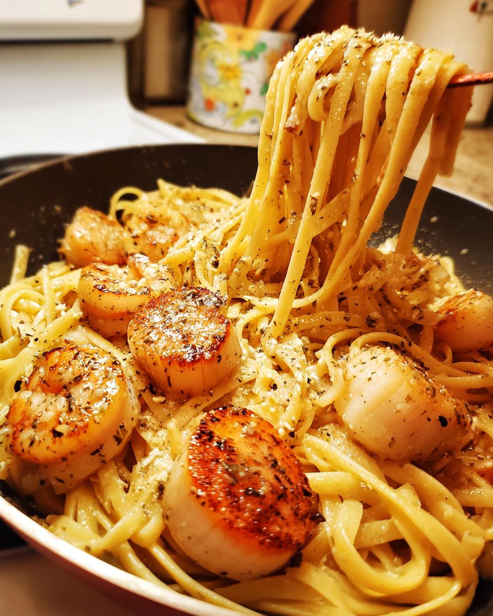 Close-up of creamy seafood pasta with perfectly seared scallops being lifted by tongs.