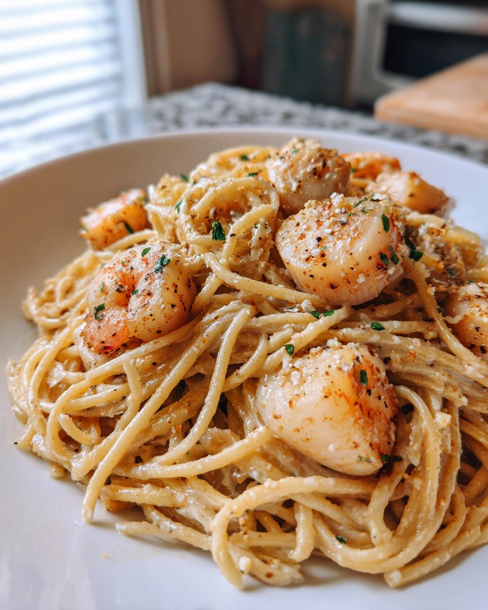 Close-up of creamy seafood pasta featuring perfectly seared scallops and shrimp.
