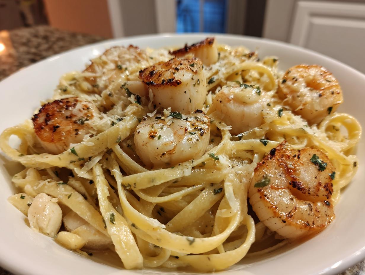 Close-up of creamy seafood pasta featuring perfectly seared scallops and shrimp, topped with Parmesan cheese.