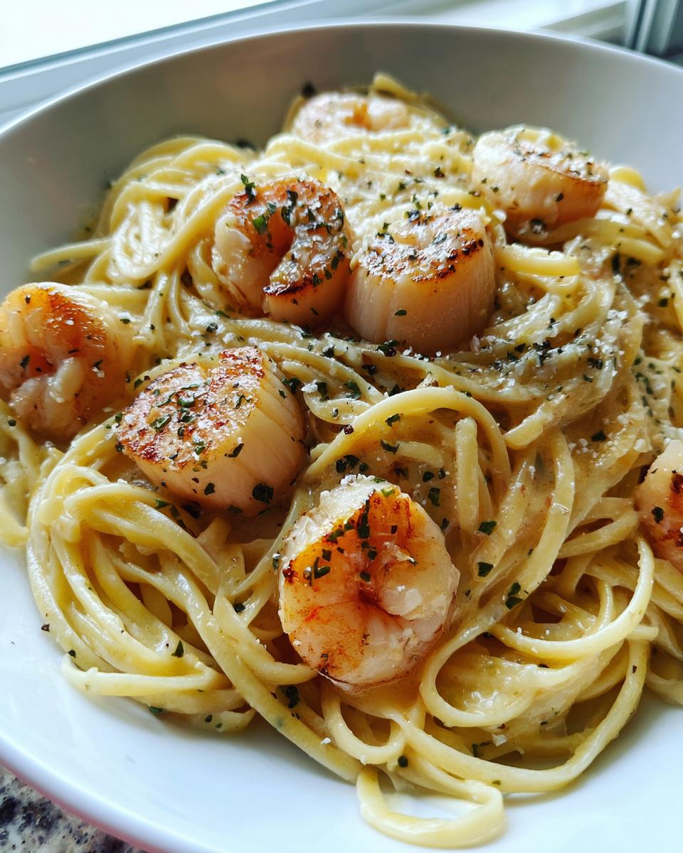 Close-up of creamy seafood pasta topped with perfectly seared scallops and parsley.