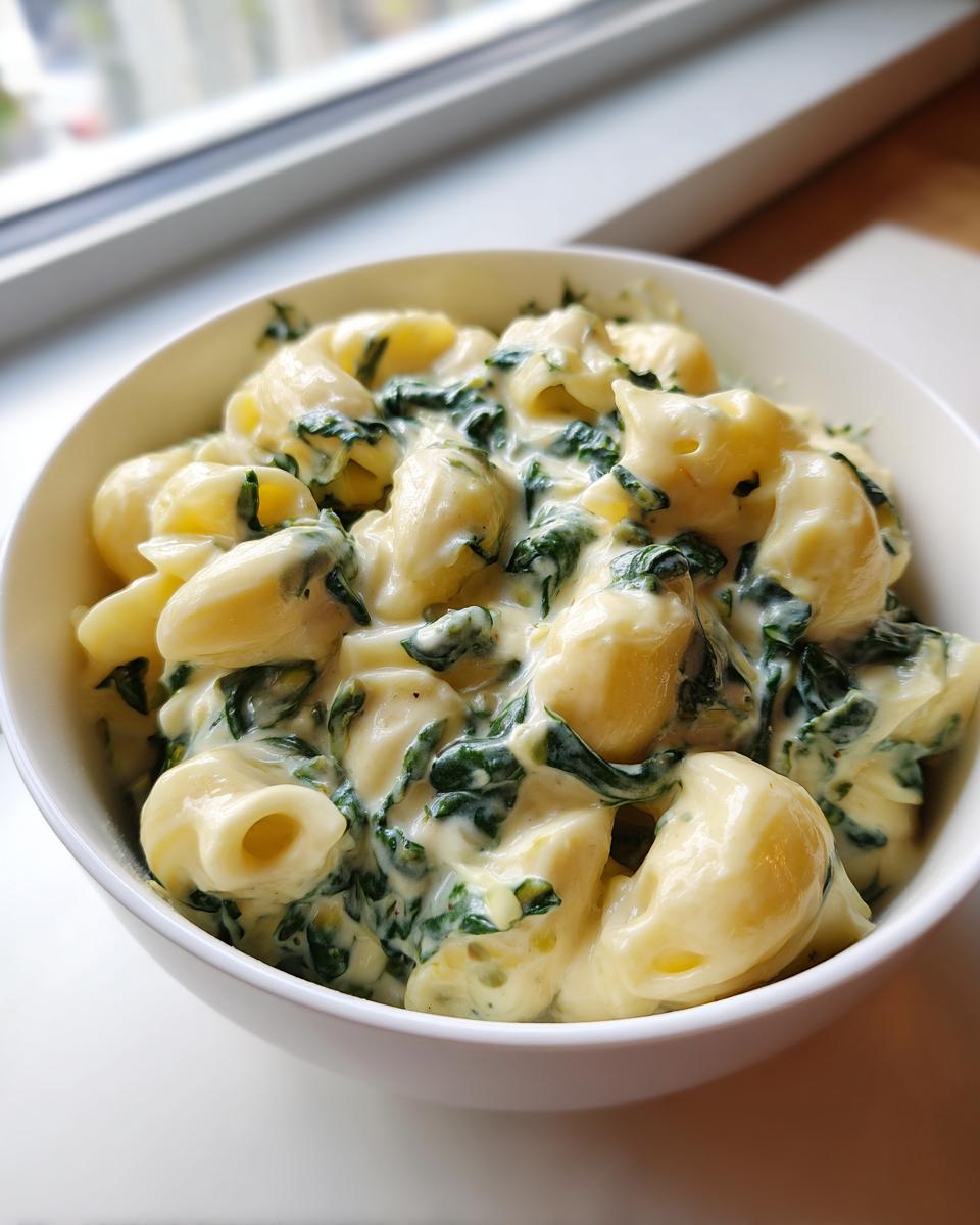Close-up of creamy pasta mixed with dark green spinach, resembling a spinach artichoke dish, served in a white bowl.